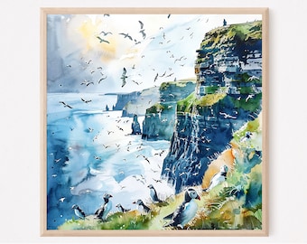 Impresión en acuarela de los acantilados de Moher: arte mural con paisajes irlandeses