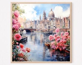 Amsterdam Canal Watercolor Print: Springtime Architecture Art