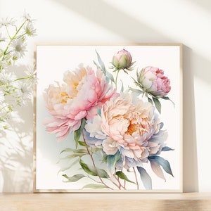 Pode incluir: Uma pintura em aquarela de um buqu&ecirc; de pe&ocirc;nias rosa e brancas com folhas verdes. As flores est&atilde;o dispostas em um vaso e o fundo &eacute; branco.