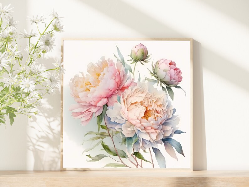 Pode incluir: Uma pintura em aquarela de um buqu&ecirc; de pe&ocirc;nias rosa e brancas com folhas verdes. As flores est&atilde;o dispostas em um vaso e o fundo &eacute; branco.