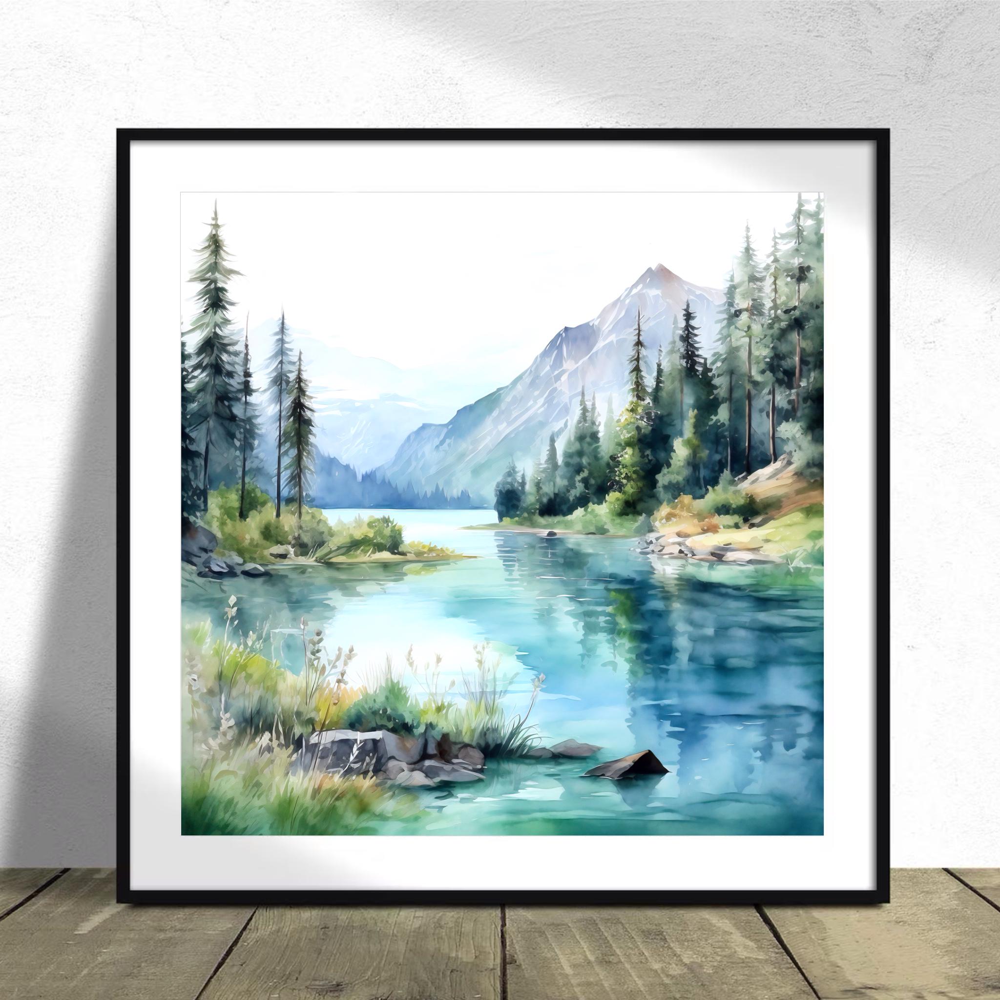 Alaska Mountain Lake Watercolor Print: Pine Tree Landscape Art - Etsy