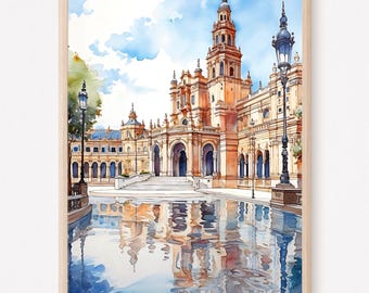 セビリアの絵画 スペイン広場の水彩画 アートプリント スペイン 壁画
