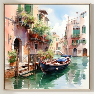 Impresión de acuarela de Venecia, Italia, decoración de pared cuadrada, póster de viaje por la ciudad, póster de Italia, impresión de viaje por Italia