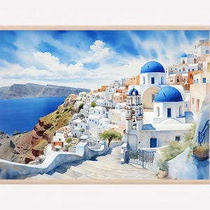 Santorini Greece Watercolor Painting Art Print, Santorini Wall Art, Greece Poster, Summer Home Decor, Travel illustration. GS