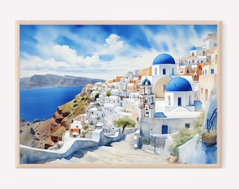 Lámina de acuarela de Santorini, Grecia, póster de viaje de la isla griega, decoración de pared con motivos costeros.