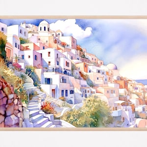 Santorini Grecia Acquerello Dipinto Arte Stampa, Santorini Arte Murale, Grecia Poster, Decorazione per la Casa Regalo Arte, Illustrazione di Viaggio