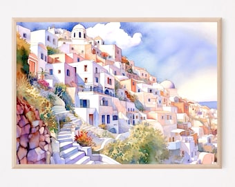 サントリーニ島オリジナル水彩画ギリシャアート旅行スケッチby
