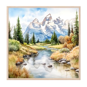 Grand Teton Mountain River National Park Druck, Quadratische Wandkunst, Aquarell Reise Kunstdruck, Wohnkultur Geschenk Art
