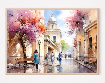 Impresión artística en acuarela de paisaje urbano de Roma, decoración de pared de arquitectura italiana, póster de viaje bohemio