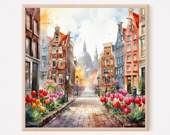 Amsterdam Watercolor Art Print: Tulips & Canal Houses