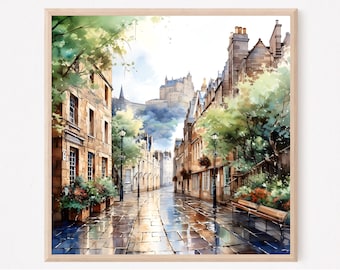 May include: A watercolor painting of a cobblestone street in a European city. The street is lined with buildings and trees, and there is a castle in the distance. The street is wet from the rain, and the cobblestones are reflecting the light.