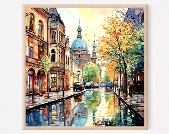 May include: A watercolor painting of a city street scene with colorful buildings, a blue domed church, and trees with yellow leaves. The street is wet from rain and reflects the buildings and sky.
