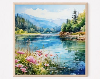 Mountain Lake Watercolor Painting Art Print, Landscape Art, Semi-Realistic Style Watercolour, Home Decor Gift