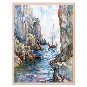 Irish cliffs with ancient boat sailing, watercolor painting print