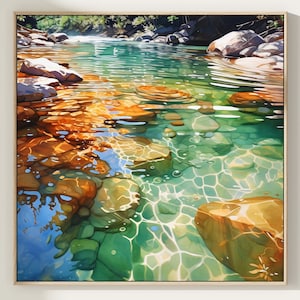 Lake View Watercolor Painting Art Print, Underwater Wall Art, Rocks by Water Poster