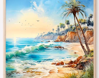 California Beach Watercolor Painting: Coastal Ocean Art Print
