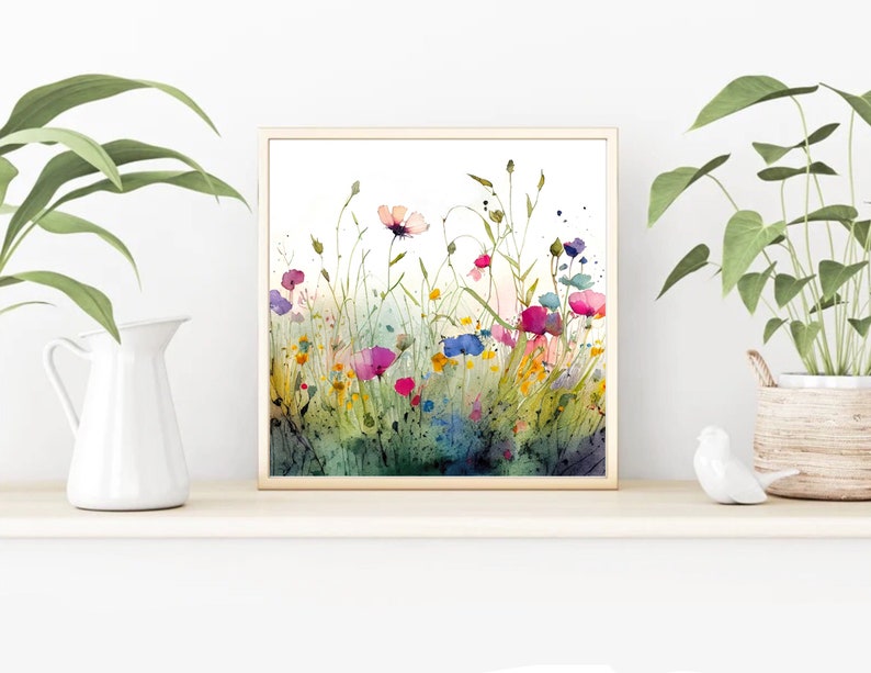 Floral Wall Art, Wildflowers Watercolor Painting, Flower Field Wall Art