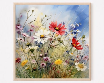 Wildflower Field Watercolor Painting Art Print: Neutral Landscape