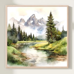 Berg Fluss Aquarell Kunstdruck Panorama Landschaft minimalistische Wand Kunst Berge Malerei Quadrat Natur Kunst Poster Wohnkultur Geschenk Kunst
