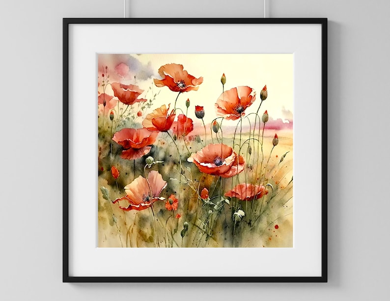 Poppy field wall art sunrise meadow watercolor painting abstract landscape fine art print wildflowers wall decor. RP image 3