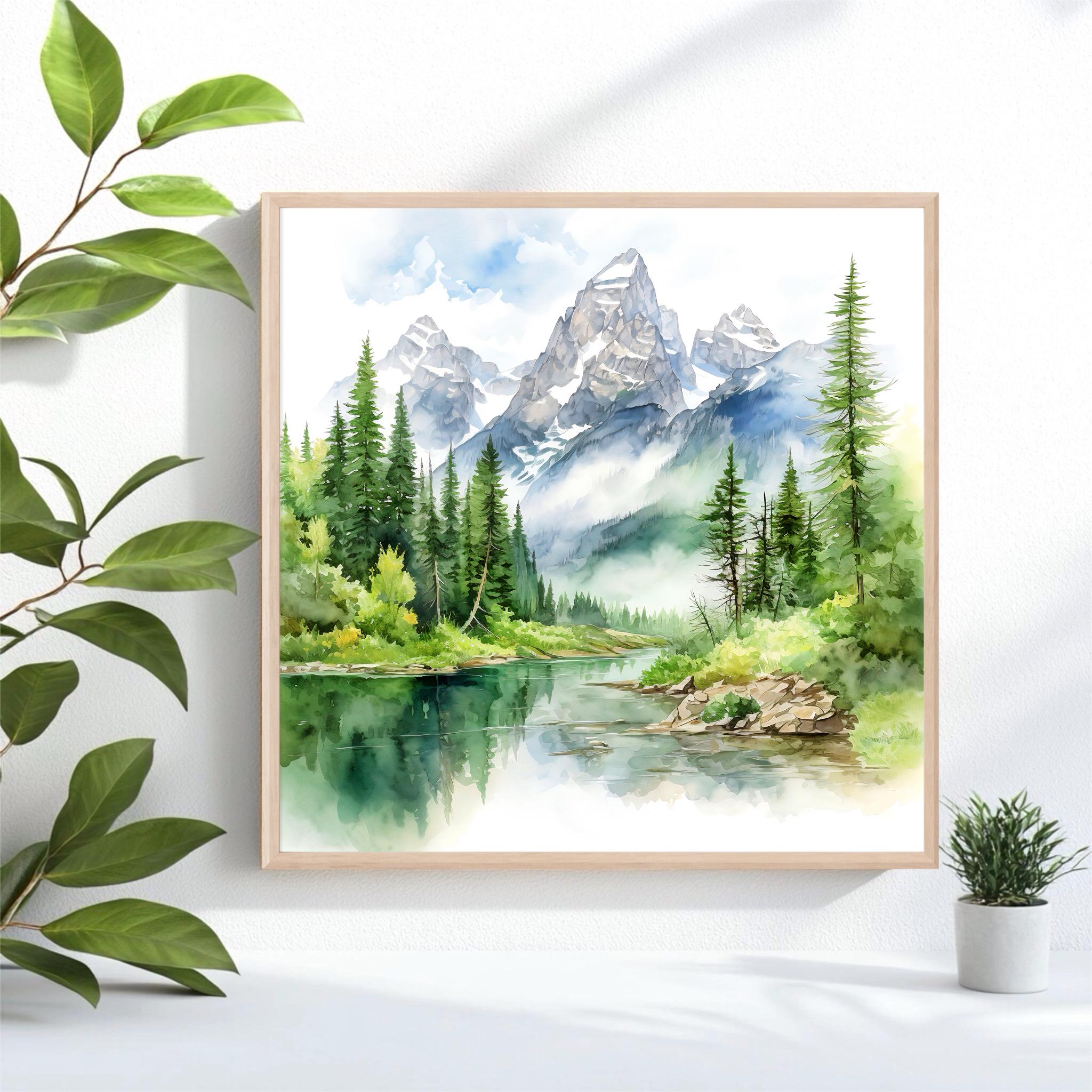 Mountain Lake Watercolor Art Print: Panoramic Landscape Painting - Etsy