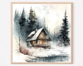 Forest cabin painting, Mountain lake print, Canada landscape watercolor painting, Winter wall decor. WL