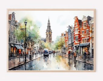 Amsterdam City Watercolor Painting Print, Netherlands Travel Poster Print, Amsterdam City Wall Art, Amsterdam Travel Wall Decor. AMSTERDAM