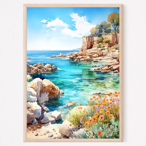 Cyprus Coast Watercolor Painting: Europe Travel Art Print