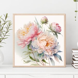 Pode incluir: Uma pintura em aquarela de pe&ocirc;nias rosa e brancas com folhas verdes. As flores est&atilde;o dispostas em um buqu&ecirc; e s&atilde;o colocadas sobre um fundo branco.