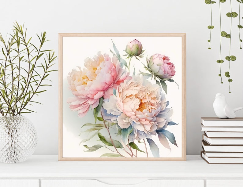Pode incluir: Uma pintura em aquarela de pe&ocirc;nias rosa e brancas com folhas verdes. As flores est&atilde;o dispostas em um buqu&ecirc; e s&atilde;o colocadas sobre um fundo branco.