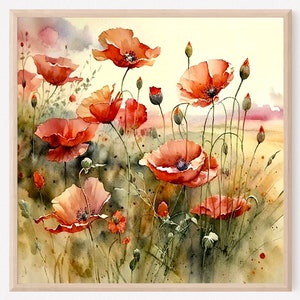 Poppy field wall art sunrise meadow watercolor painting abstract landscape fine art print wildflowers wall decor. RP
