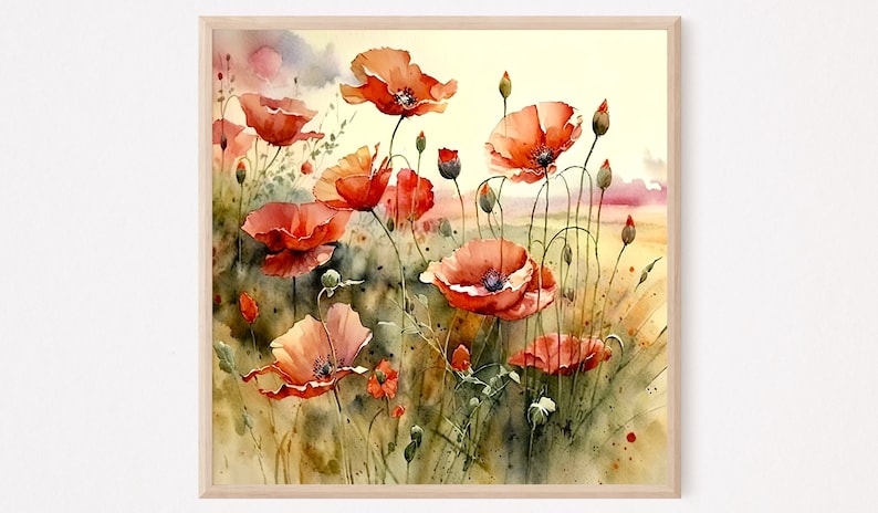 Poppy field wall art sunrise meadow watercolor painting abstract landscape fine art print wildflowers wall decor. RP image 1