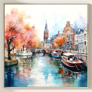 Amsterdam Canal Art Print, Watercolor Painting, Amsterdam Travel Poster, Netherlands Wall Art, Home Decor Gift