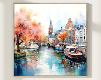 Amsterdam Canal Watercolor Art Print: Netherlands Travel Poster