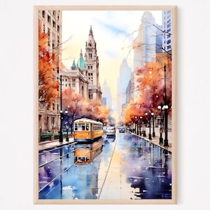 Chicago watercolor painting print, Chicago poster, Chicago wall art, Chicago artwork, Chicago street home decor gift art