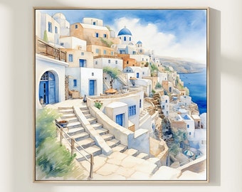 Santorini Greece Watercolor Art Print, Blue Dome Landscape Wall Decor, Summer Travel Coastal Painting