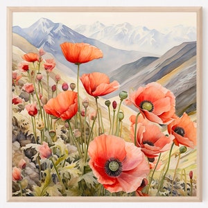 Watercolor Poppy Fields, Scenic Landscape Painting, Mountain and Wildflowers Art Print, Home Decor Gift, Square Painting