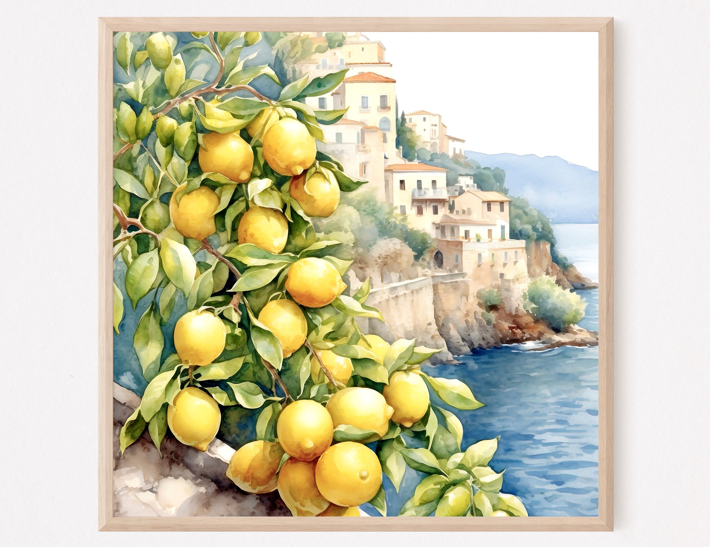 アマルフィ海岸イタリア、水彩レモンアートプリント、ポジターノ、レモンイタリア旅行ポスター、イタリアのビーチコースト、ホームデコレーションギフトアート  - Etsy 日本