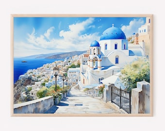 Santorini Greece Watercolor Painting Art Print, Santorini Wall Art, Greece Poster, Summer Home Decor, Travel illustration. GS