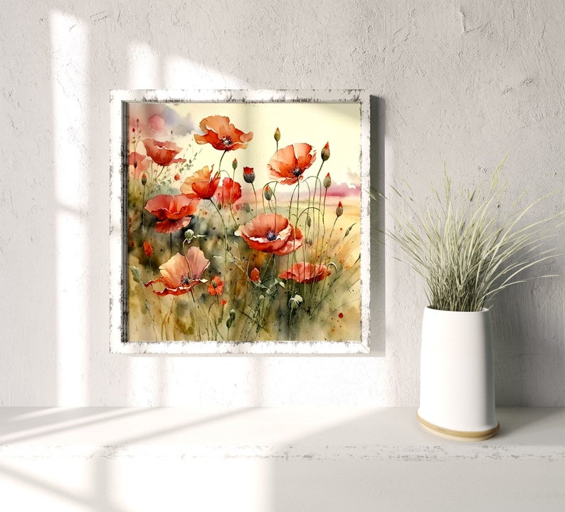 Poppy field wall art sunrise meadow watercolor painting abstract landscape fine art print wildflowers wall decor. RP image 2