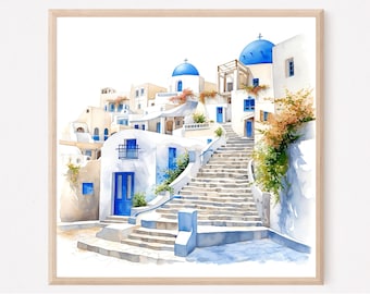 Santorini Watercolor Painting Greece Art Print Cityscape Artwork Home Decor Gift