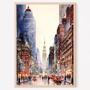 New York Print, Cityscape Wall Art, Watercolor Painting, City View Art Vertical, Home Decor Gift, NYC Wall Art, Winter In City