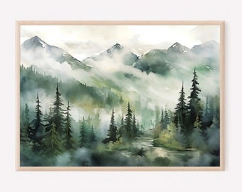 Alaska wall art foggy forest painting pine tree art print large abstract landscape rustic home decor watercolor green art home unique gifts