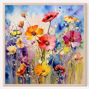 Wildflower field art watercolor painting landscape wildflowers wall art neutral landscape meadow art flower field print farmhouse wall decor