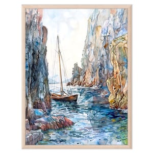 Sailboat in Irish Cliffs Watercolor Painting Print, Irish Coastal Art Print, Ireland Gift, Ireland Art, Coastal Wall Art, Seascape Art
