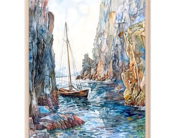 Irish Coastal Print: Sailboat in Cliffs Watercolor Seascape Art