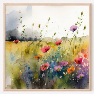 Wildflowers Field Watercolor Painting Square Art Print. Home Decor Wall Art. RP