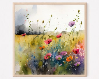 Wildflowers Field Watercolor Painting Square Art Print. Home Decor Wall Art. RP