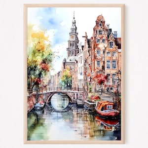 Amsterdam Canal Watercolor Painting Art Print, Amsterdam Travel Poster, Netherlands Wall Art, Home Decor Gift Ideas