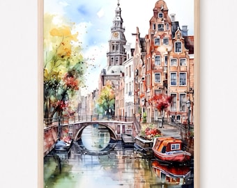 Amsterdam Canal Watercolor Art Print: Netherlands Travel Poster